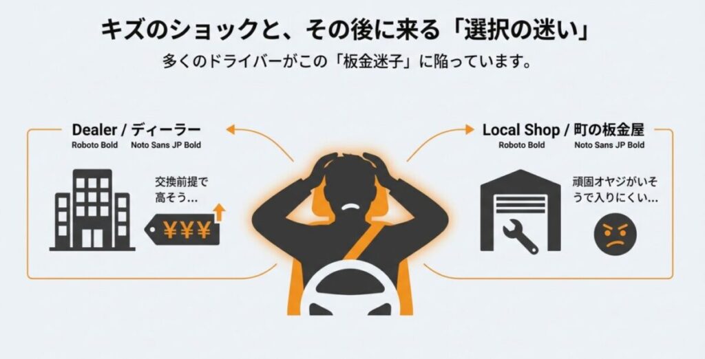 ディーラーの交換修理は高く、町の板金屋は入りにくいという板金迷子の悩みを表現したイラスト。