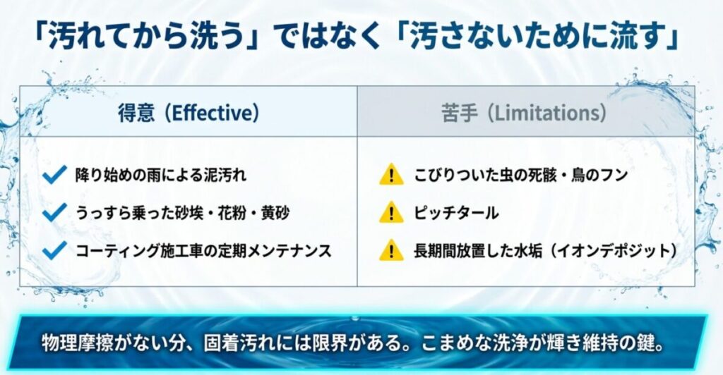 泥汚れや砂埃には効果的だが、虫の死骸や水垢には限界があることを示した、ノーブラシ洗車の洗浄特性マトリクス表。