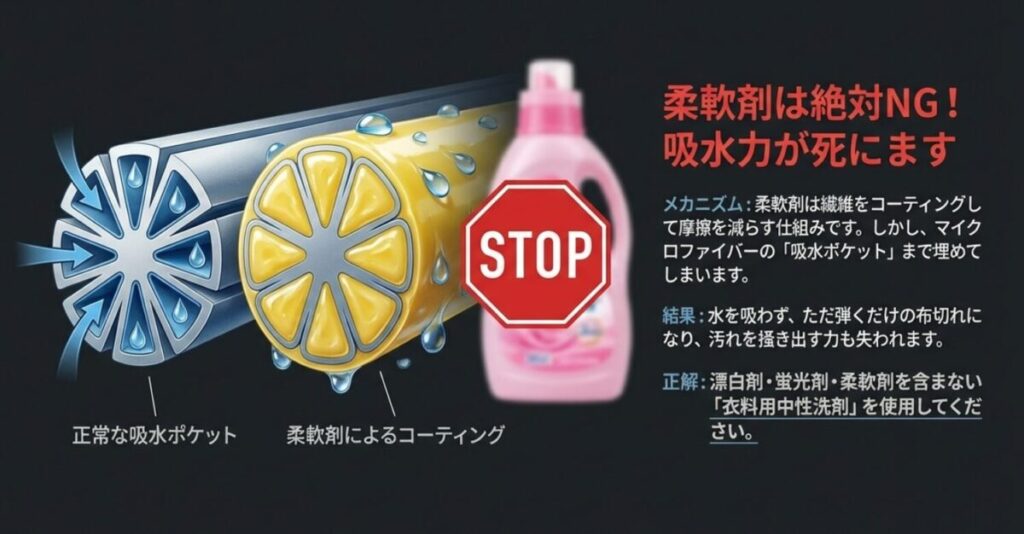 正常な吸水ポケットと、柔軟剤でコーティングされ吸水力を失った繊維の比較断面図