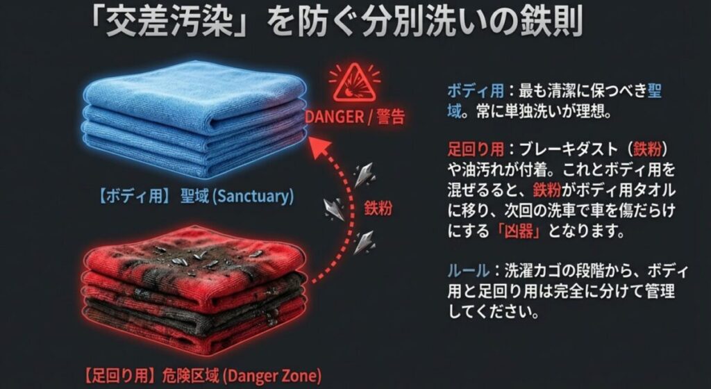 交差汚染を防ぐため、ボディ用と足回り用を洗濯カゴから分ける分別洗いの鉄則と警告