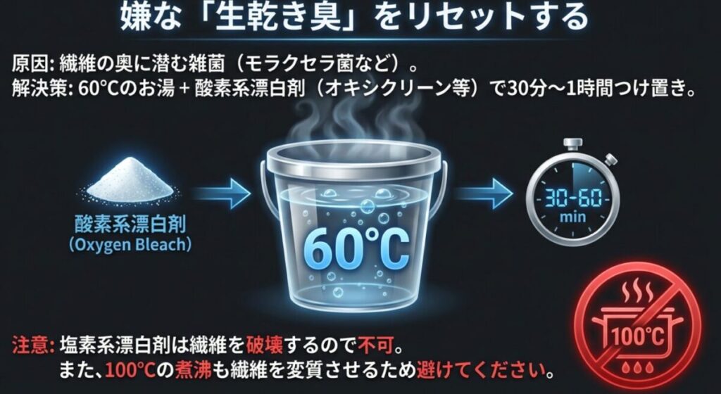 生乾き臭の原因菌を殺菌するための、60度のお湯と酸素系漂白剤を使った漬け置き洗浄の手順