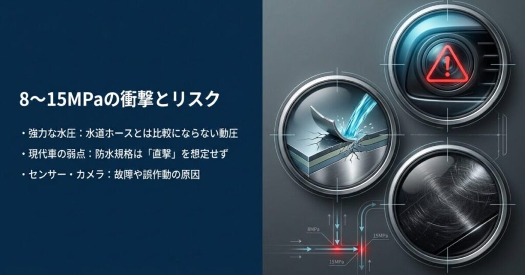 8から15MPaの強力な水圧が現代車のセンサーやカメラに与える故障リスクを示す図解
