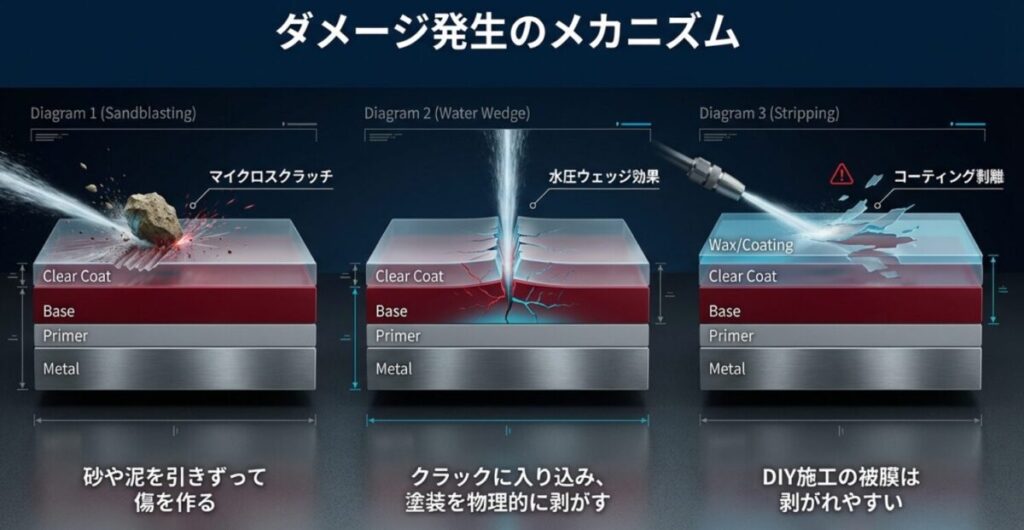水圧ウェッジ効果によるクリアコート層の物理的な剥離や、マイクロスクラッチの発生メカニズムの図解