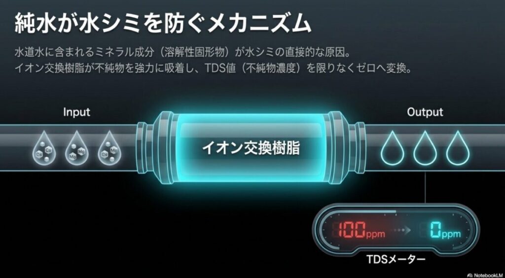 水道水のミネラル成分をイオン交換樹脂が吸着し、TDS値を下げることで水シミを防ぐメカニズムの図解
