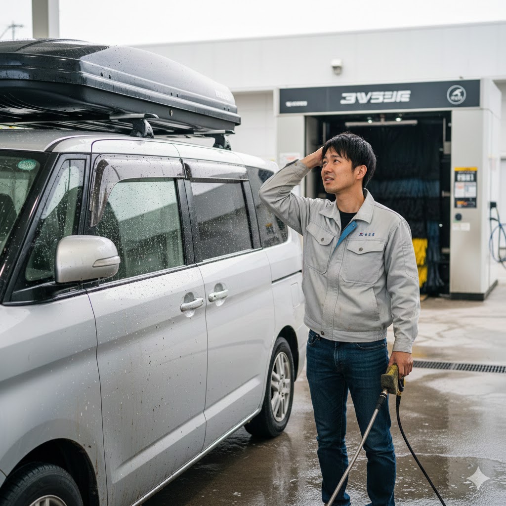 ルーフボックス付きの車を洗車機に入れるか手洗いするか迷っている日本人男性