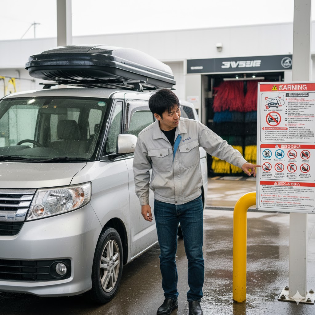 洗車機の入り口で注意事項の看板を指差し確認する日本人男性とルーフボックス付きの車