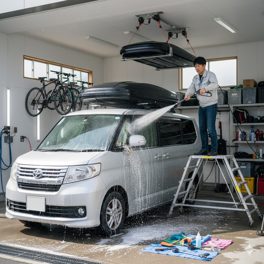 ガレージでルーフボックス付きの車を高圧洗浄機で手洗いする日本人男性