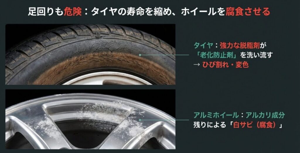 脱脂剤により老化防止剤が抜けたタイヤのひび割れと、アルカリ成分によるアルミホイールの白サビ腐食の写真