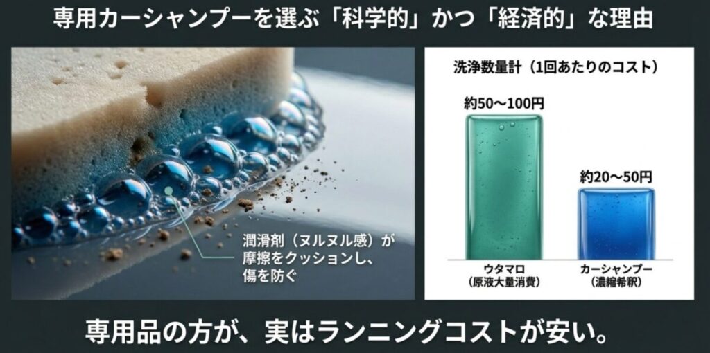 原液使用のウタマロ(約50〜100円)と濃縮希釈のカーシャンプー(約20〜50円)の洗浄コスト比較グラフ