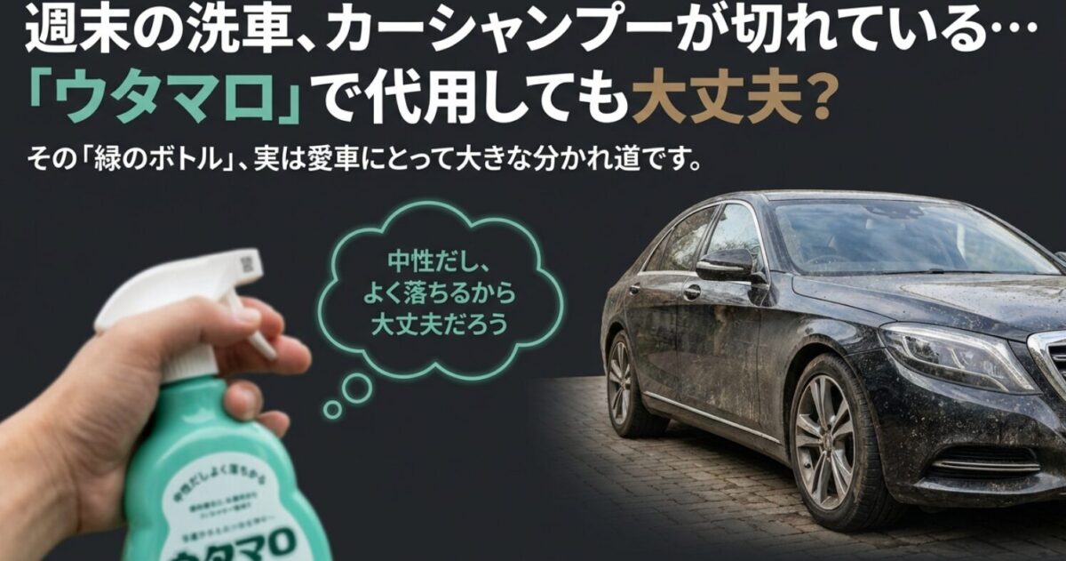 泥汚れがついた黒い車とウタマロ代用に関する疑問を投げかけるタイトルスライド