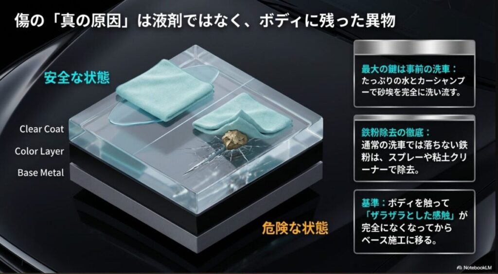 傷を防ぐための最大の鍵は事前の洗車と鉄粉除去であり、ボディのザラザラ感がなくなるまで行うことが重要であることを解説する図