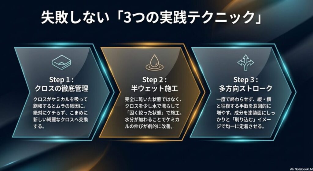 DIY施工で失敗しないための3つの実践テクニック。クロスの徹底管理、半ウェット施工、多方向ストロークを図解