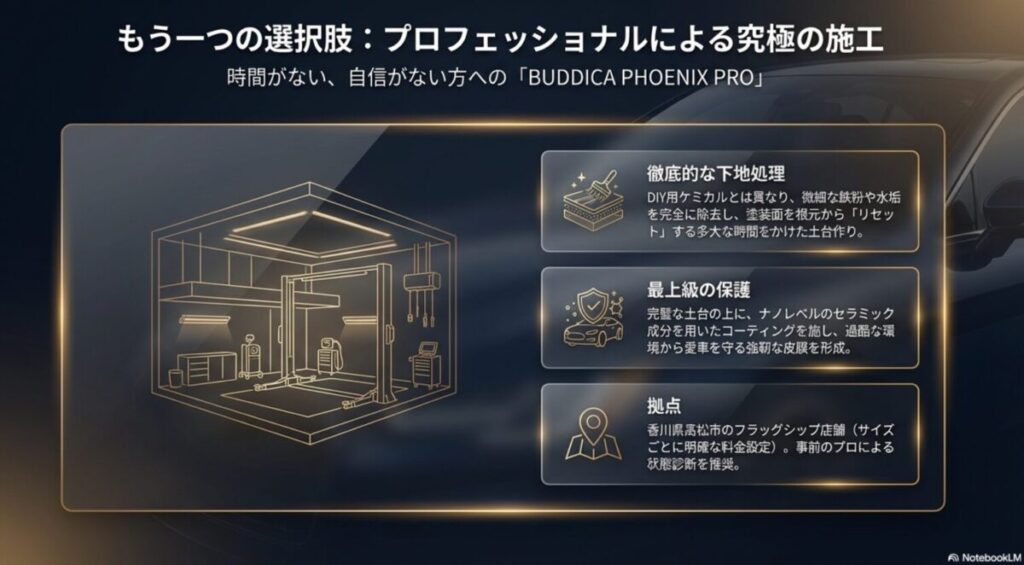 BUDDICA PHOENIX PRO店舗での究極の施工内容。徹底的な下地処理と最上級の保護（セラミックコーティング）の特徴