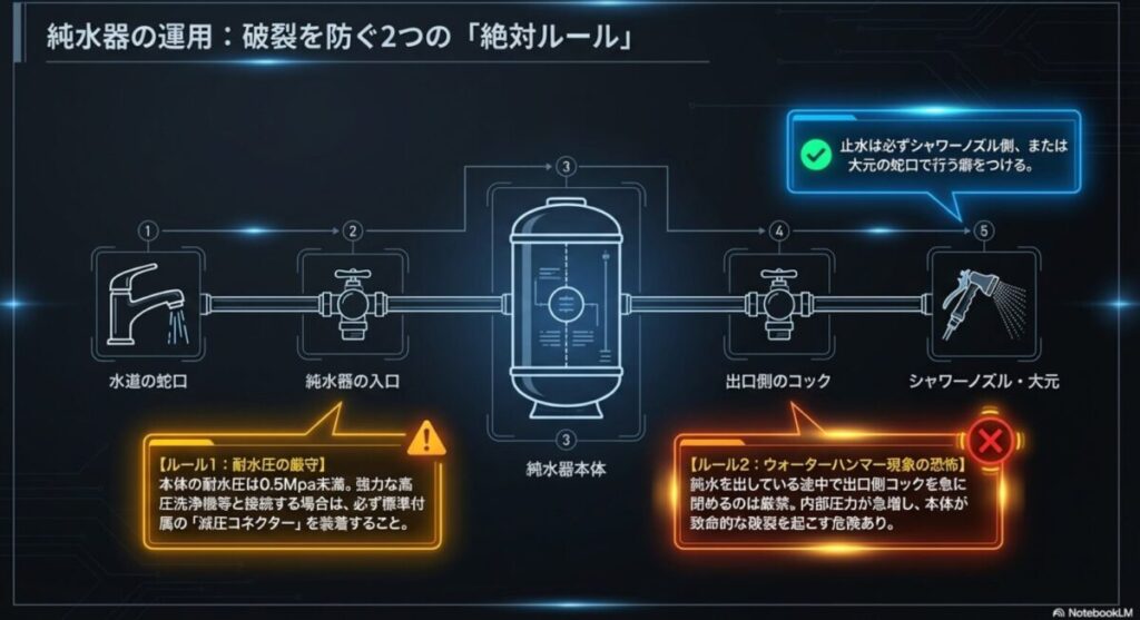 純水器の破裂を防ぐ2つの絶対ルール。耐水圧0.5Mpa未満の厳守と、ウォーターハンマー現象を防ぐためのシャワーノズル側での止水手順の図解。