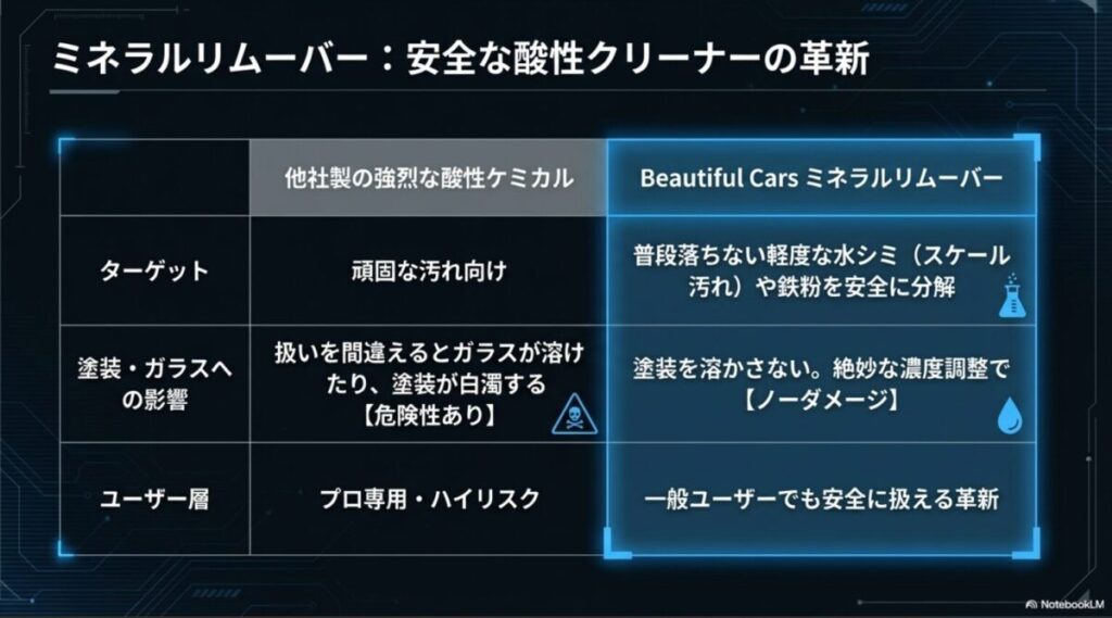 ビューティフルカーズのミネラルリムーバーと他社製の強烈な酸性ケミカルにおける、安全性・ターゲット層・塗装への影響の比較表。