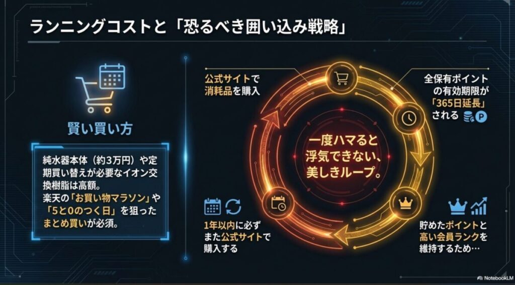 楽天公式サイトでのまとめ買いと、ポイント有効期限の365日延長システムによるビューティフルカーズの囲い込み戦略のループ図。