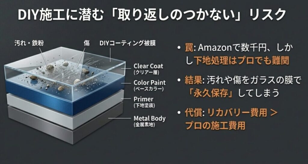 塗装上の汚れや鉄粉を除去せずにコーティング被膜を形成し、汚れを永久保存してしまう失敗例の図解