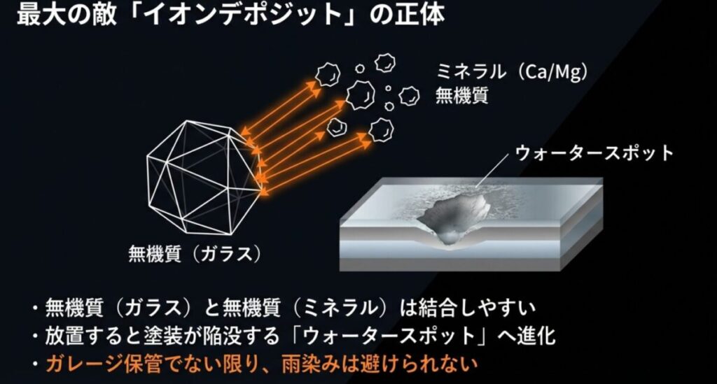 無機質のガラス被膜と水道水のミネラルが結合しやすく、イオンデポジットが発生する仕組みの解説図