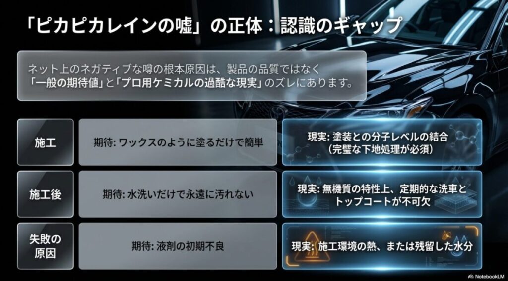 ピカピカレイン施工前後の期待と現実のギャップを比較した表