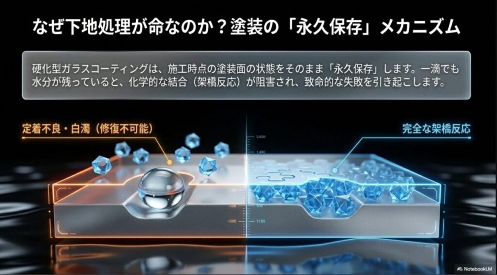 硬化型ガラスコーティングが塗装面を永久保存するメカニズムと定着不良の図解