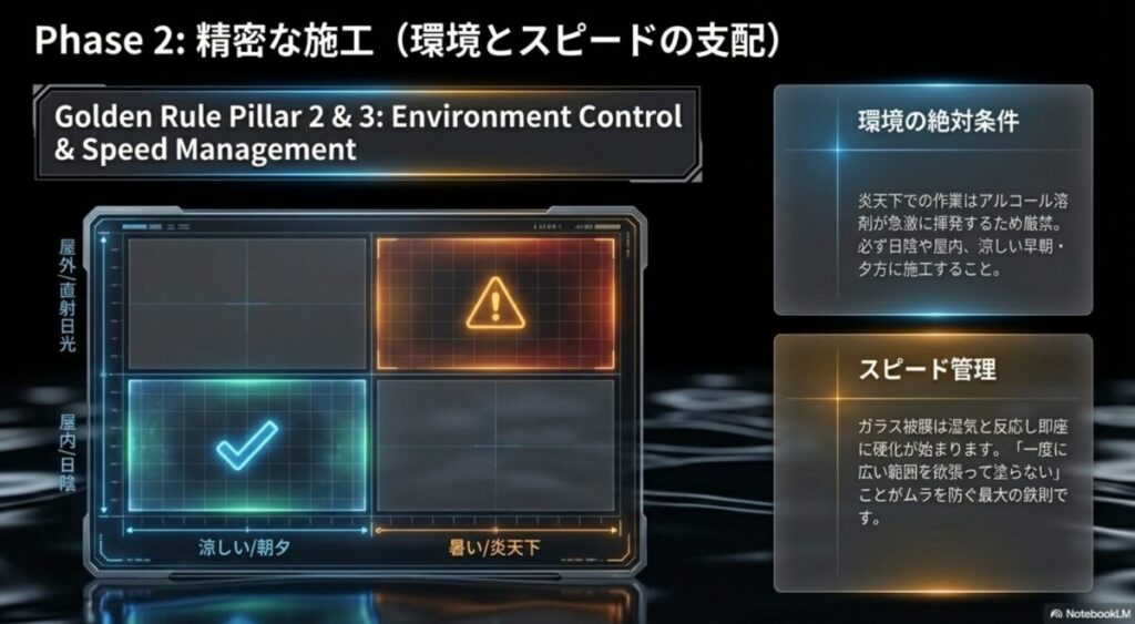 炎天下や直射日光を避けるべき環境条件とスピード管理の重要性を示すマトリクス