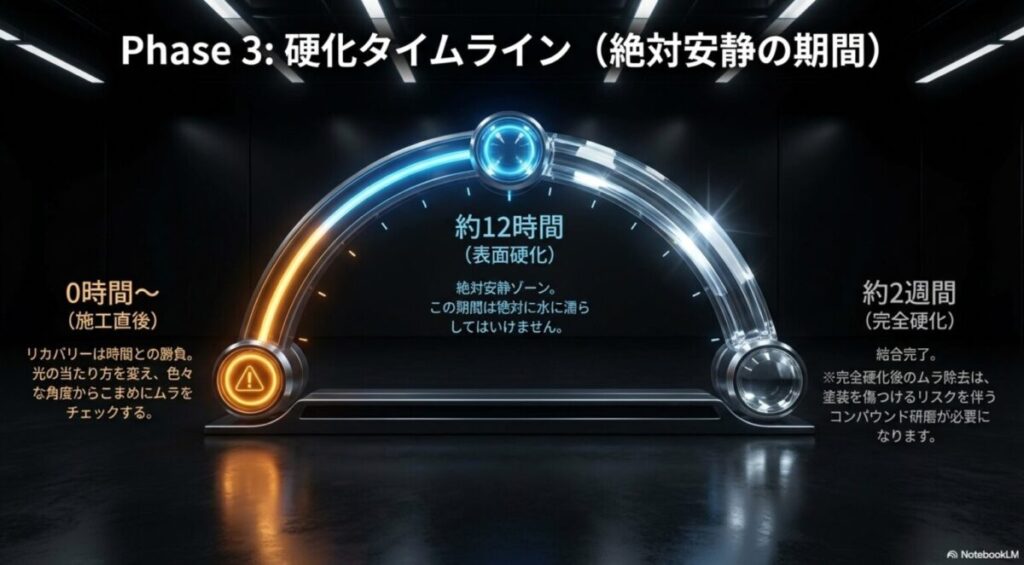 施工直後から表面硬化の12時間、完全硬化の2週間までのタイムラインと対処法