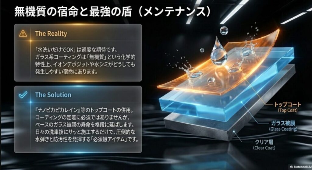 ガラス被膜とクリア層の上にトップコートの犠牲膜を形成する図解