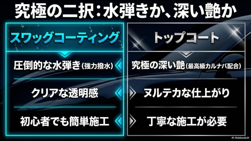 強力撥水の「スワッグコーティング」と最高級カルナバ配合で深い艶の「トップコート」を比較したスライド