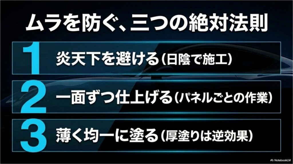 炎天下を避ける、一面ずつ仕上げる、薄く均一に塗るという、コーティングのムラを防ぐ三つの絶対法則を解説したスライド