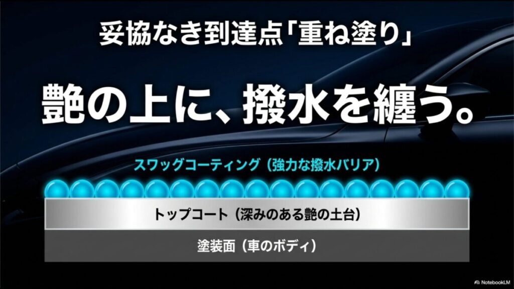 車の塗装面の上にトップコートの艶の土台を作り、さらにその上にスワッグコーティングの強力な撥水バリアを纏う重ね塗り（レイヤー施工）のイメージ図
