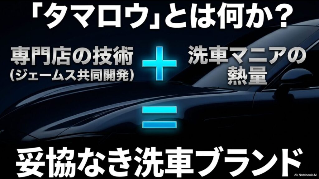 ジェームス共同開発ブランド「タマロウ」が、専門店の技術と洗車マニアの熱量を合わせた妥協なき洗車ブランドであることを説明するスライド