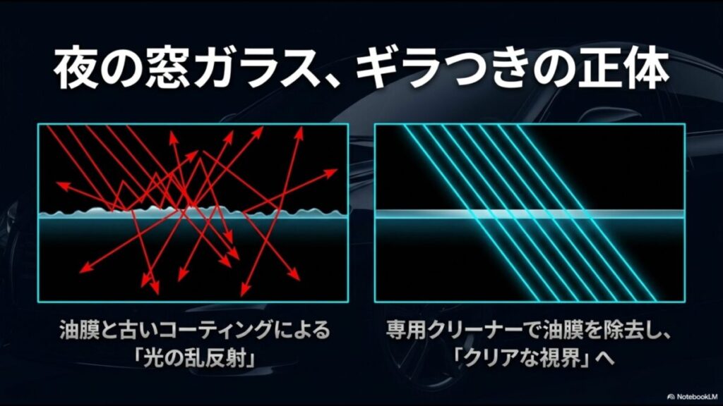 油膜と古いコーティングによる光の乱反射のメカニズムと、専用クリーナーで除去してクリアな視界にするビフォーアフターの図解スライド