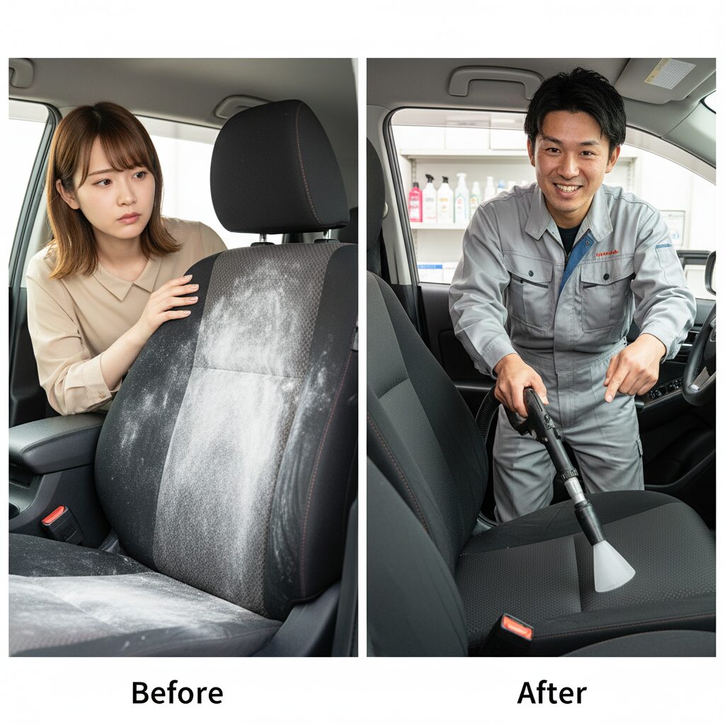 自動車のシートクリーニングのビフォーアフター。左側は白いシミで汚れたシートに困惑する日本人女性、右側は清掃後のきれいなシートを掃除する日本人男性のプロ。