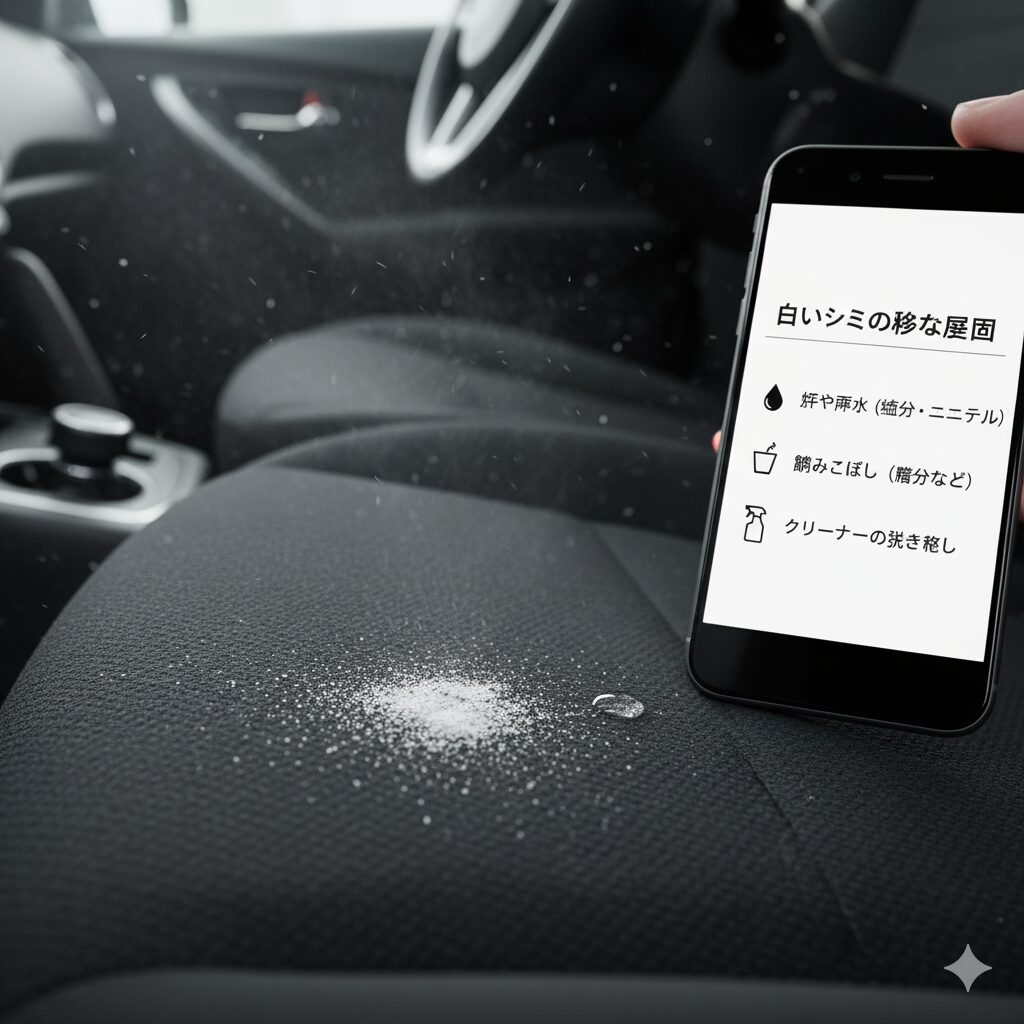 車のシートの白いシミと水滴、そしてその原因がリスト表示されたスマートフォンの画面。