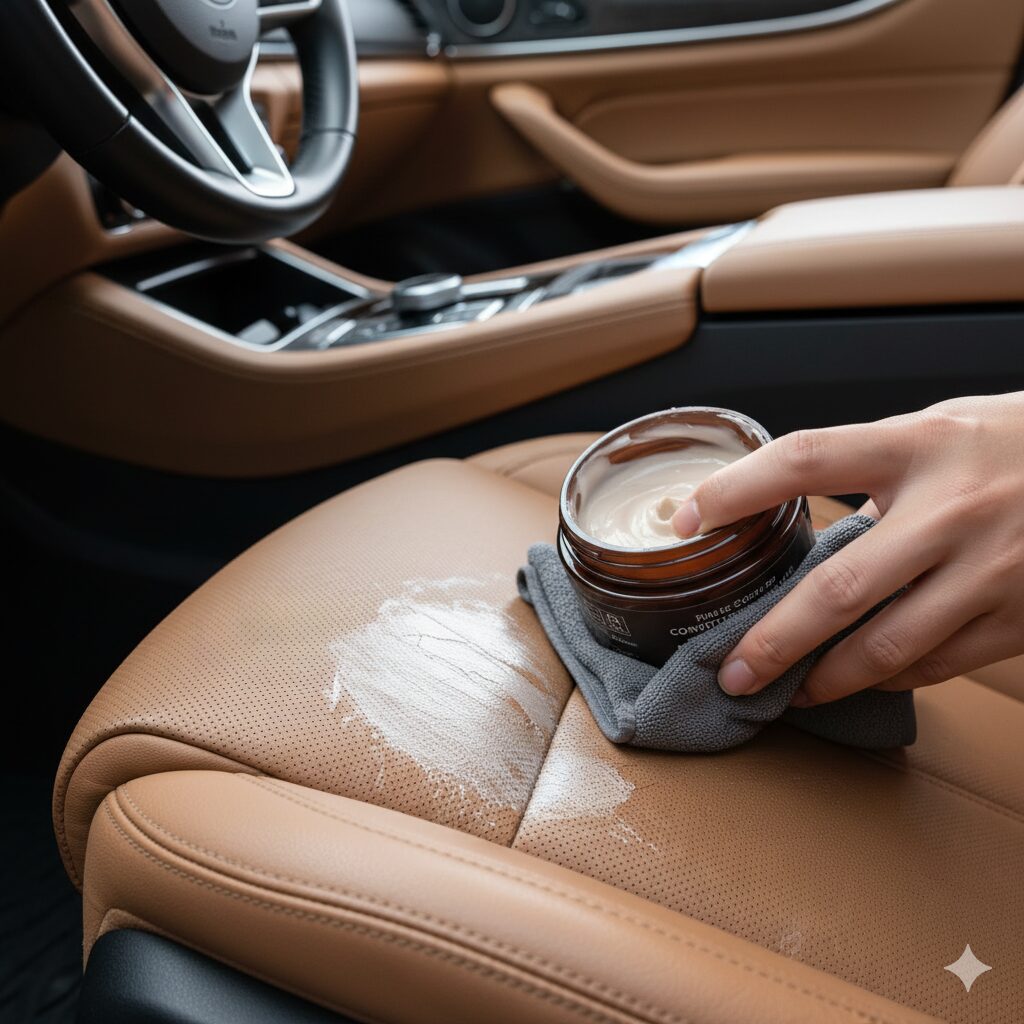 手が、茶色のレザーシートに保護クリームを塗り、シミのお手入れをしている様子。

