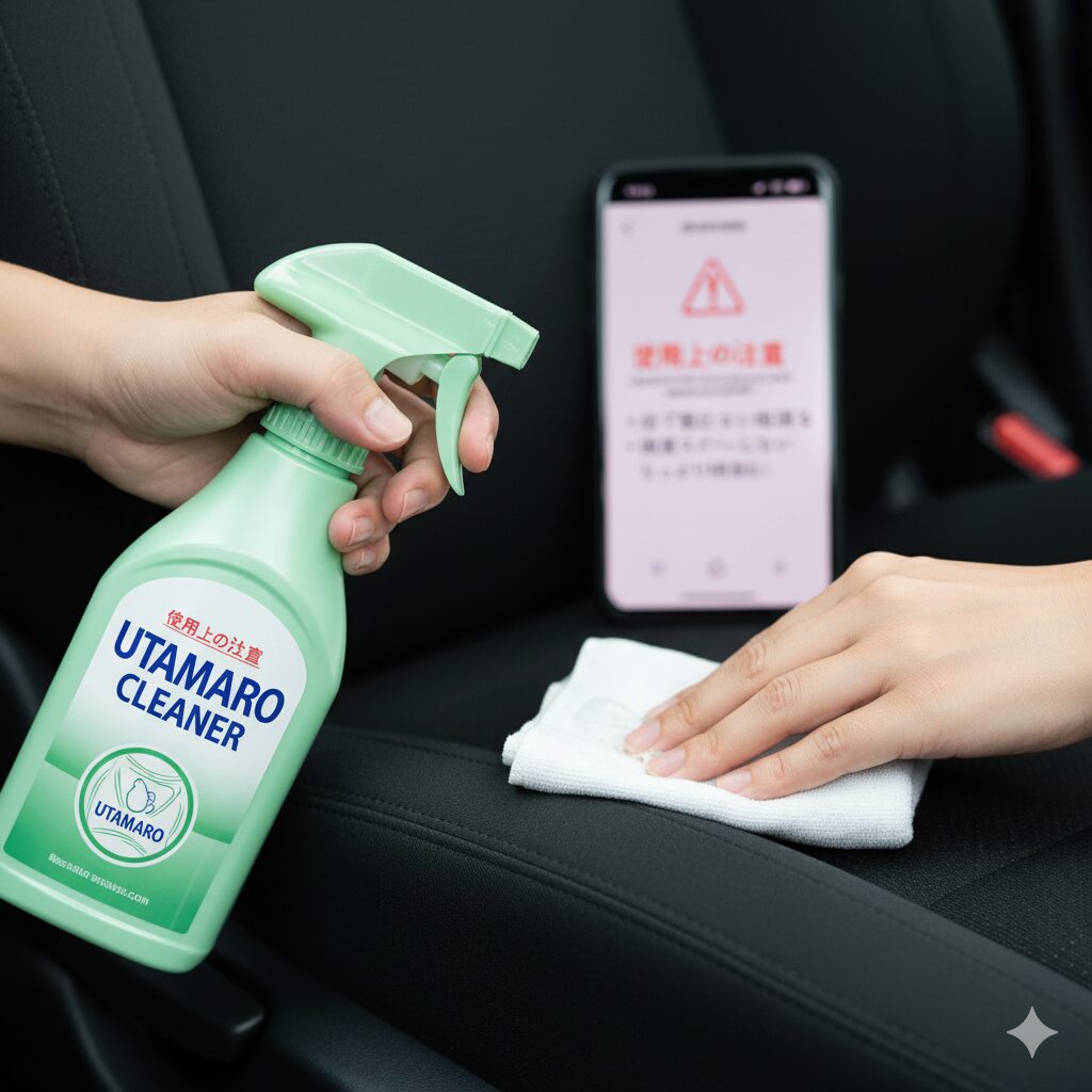 日本人の手がウタマロクリーナーのボトルを持ち、車のシートを拭いている。背後にはスマートフォンの警告画面が見える。