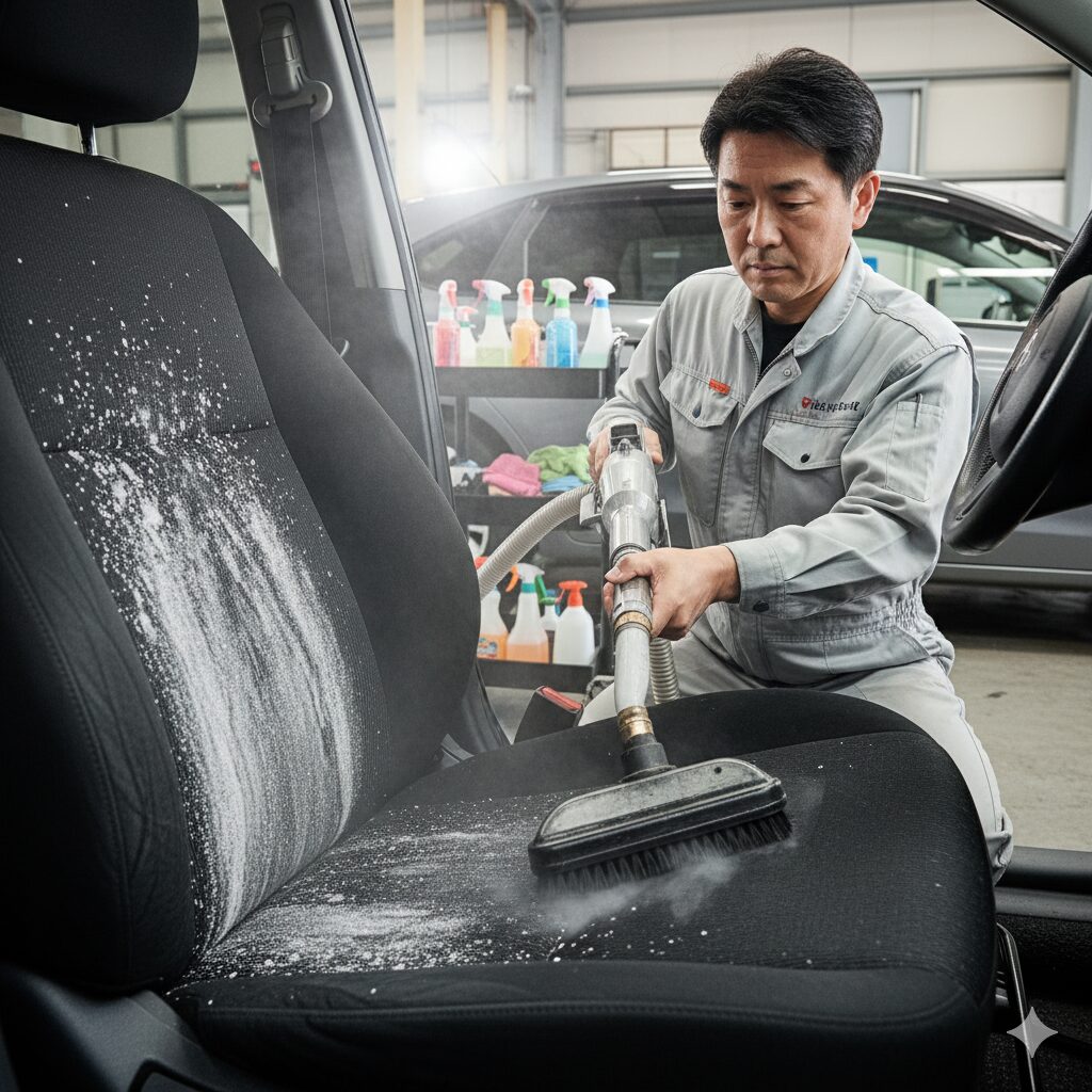 日本人男性の専門家が、白いシミが付着した車のシートを専用のクリーニング機器で丁寧に清掃している様子
