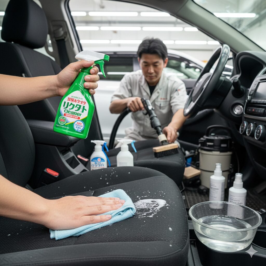 車の布シートに中性洗剤をスプレーし、別の日本人男性が奥のシートをバキュームクリーナーで清掃している。