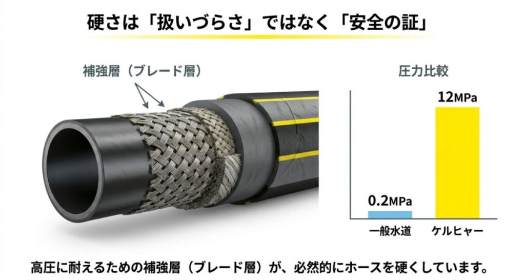 ケルヒャー高圧ホースの補強層構造と水道圧との比較グラフ