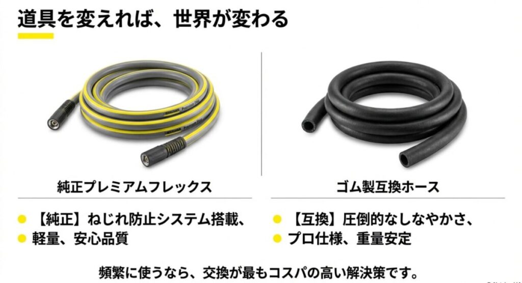 純正プレミアムフレックスとゴム製互換ホースの比較イメージ