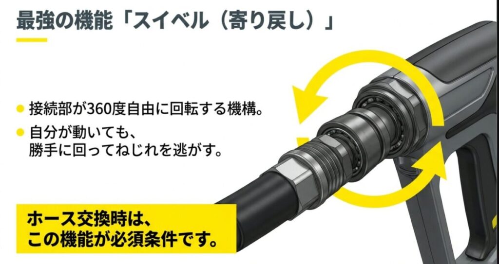 360度回転してねじれを防ぐスイベル金具のイラスト