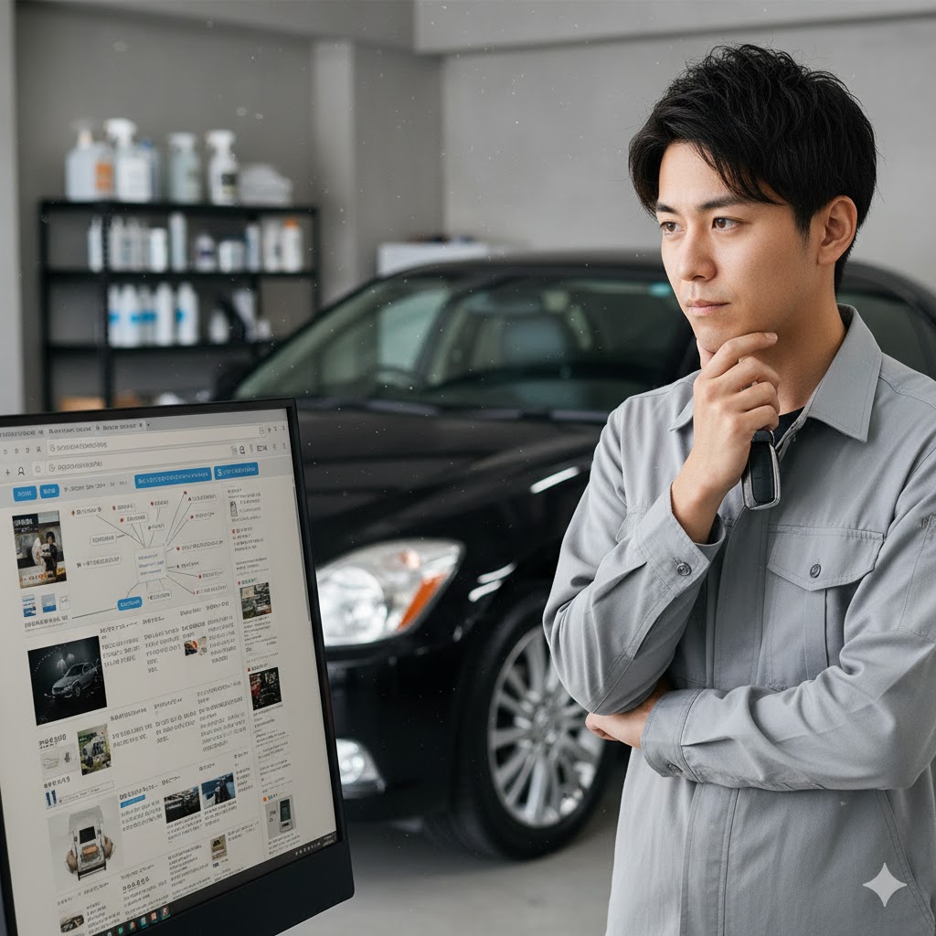 自動車のポリマーコーティングについてインターネットで検索し、多くの情報に戸惑っている日本人男性が、腕を組みながらパソコン画面を見つめている様子。