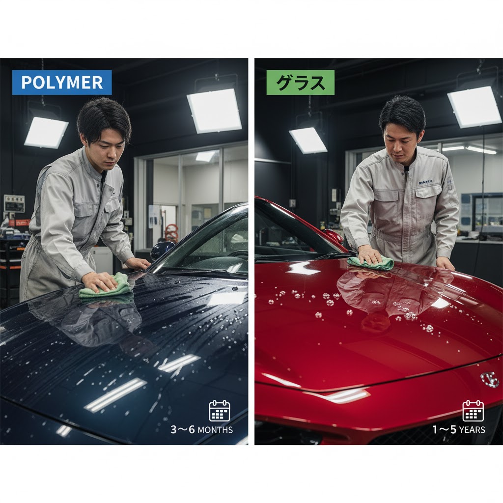 ワックスとポリマーの違いを比較する画像。左側では日本人男性がワックスを塗布した青い車を拭き、右側ではポリマーコーティング剤を塗布した赤い車を拭いている。