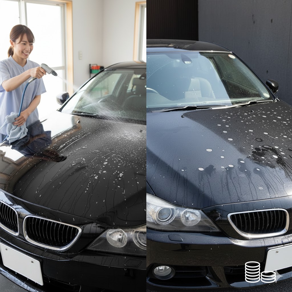 ポリマーコーティングのメリットとデメリットを比較する画像。左側では日本人女性が洗車している車が美しく水を弾き、右側では水垢が付着し、劣化が見られる車の様子。