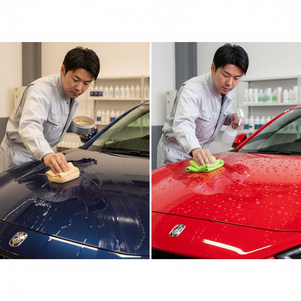 ポリマーと撥水の違いを比較する画像。左側では日本人男性がポリマー剤を車に噴霧しており、素材としてのポリマーを表現。右側では撥水効果により水滴が玉になって流れ落ちる車の様子。