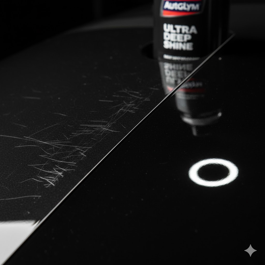 黒い車のボンネットが中央で分割され、片側には無数の洗車傷があり、もう片側はオートグリム ウルトラディープシャインで磨かれ傷が消え深い艶が出ている比較