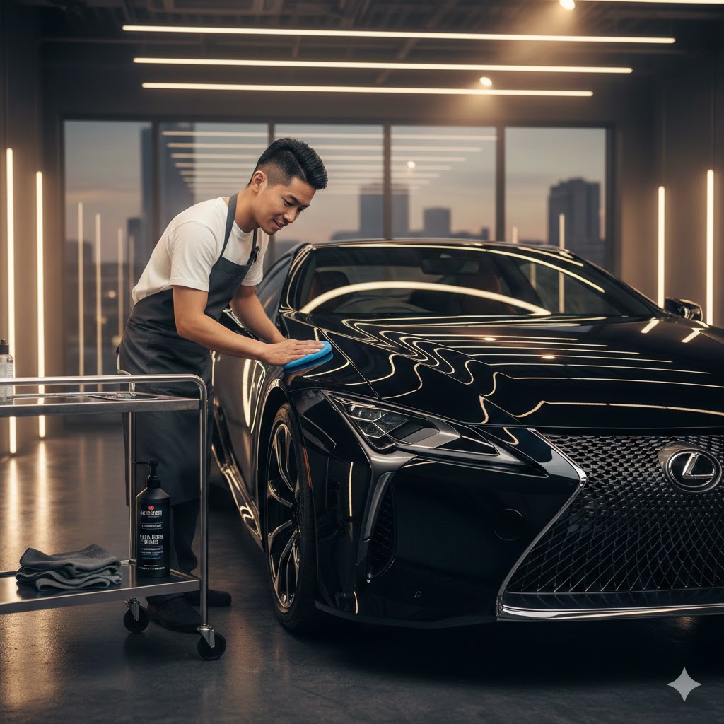 日本人男性がガレージで黒い高級車を丁寧に磨き、オートグリム ウルトラディープシャインで深い艶を出している様子