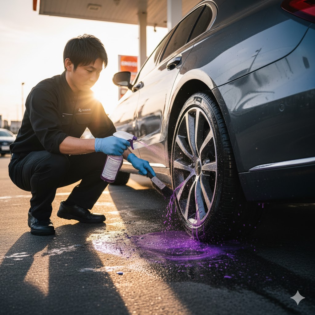 ENEOSのガソリンスタンドで、スタッフが汚れた車のホイールに鉄粉除去剤を吹きかけ、紫色に反応している様子