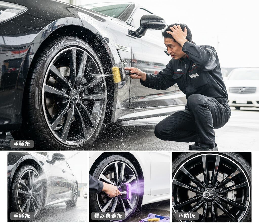 洗車機のホイール洗浄では落ちない頑固なブレーキダスト汚れに頭を抱える男性