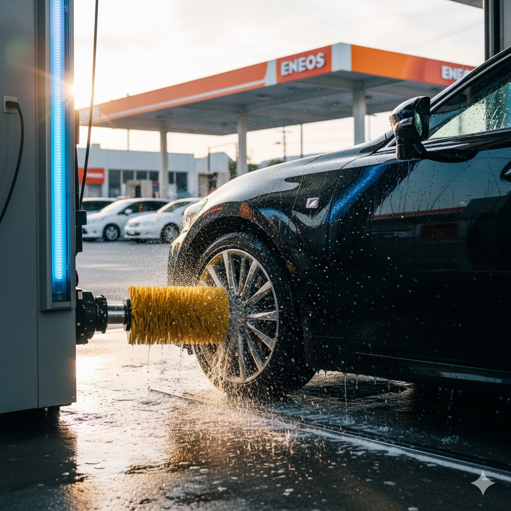 ENEOSのガソリンスタンドでEneJet Washの洗車機が車のホイールをブラシで洗浄している様子